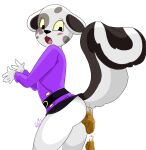  absurd_res animal_crossing anthro black_and_white_fur canid canine canis dalmatian domestic_dog embarrassed feces female hi_res imaranx looking_down mammal nintendo pooping portia_(animal_crossing) scat skunk_tail solo 
