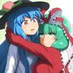  2girls bangs black_headwear blue_hair blush bow breasts closed_mouth commentary dress frilled_bow frilled_ribbon frills fruit_hat_ornament green_eyes green_hair hair_between_eyes hair_bow hair_ribbon hat hat_ornament hinanawi_tenshi kagiyama_hina large_breasts long_hair long_sleeves multiple_girls open_mouth peach_hat_ornament red_bow red_dress red_eyes red_ribbon ribbon shirosato shirt slit_pupils touhou white_shirt 