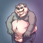  2023 anthro balls bear belly big_belly black_body black_nose bottomwear clothing eyes_closed genitals giant_panda hi_res korndoggychub male mammal moobs navel nipples overweight overweight_male pants penis small_penis solo white_body 