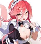  1girl bangs blush breasts cetacean_tail cleavage collarbone cup dolphin_girl fins fish_tail hair_between_eyes highres holding juliet_sleeves large_breasts long_hair long_sleeves looking_at_viewer maid maid_headdress milk open_mouth orange_eyes original pink_hair ponytail pouring pouring_onto_self puffy_sleeves sbgu sitting smile solo tail upper_body 