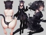  1girl animal_ear_fluff animal_ears ass bangs barefoot black_dress black_hair blush bow breasts cat_ears cat_girl cat_tail choker chowbie claws cleavage dress facing_away feet frills from_behind gloves gothic grey_background high_heels large_breasts legs long_hair long_sleeves looking_at_viewer maid_headdress maid_master multiple_views original panties pantyhose parted_lips ribbon simple_background smile soles tail thighhighs thighs toes underwear underwear_only yellow_eyes 