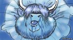  absurd_res anthro blue_body blue_fur blue_hair blueberry_inflation bovid bovine cattle cheek_bulge clothed clothing fruit_juice fur hair hair_over_eyes hi_res highland_cattle horn hyper_inflation inflation male mammal obscured_eyes open_mouth solo tongue tongue_out torn_clothing zamo 