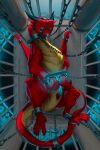  absurd_res belly bound cage chain chained cuff_(restraint) dragon dungeon ericherilan feral genitals herilan hi_res horn male multicolored_body multicolored_scales penis red_body red_scales restraints runes scales shackles solo spread_legs spreading yellow_belly yellow_eyes 