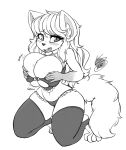  2023 anthro big_breasts blush blush_lines breast_expansion breasts cleavage clothed clothing domestic_cat expansion fangs felid feline felis female hi_res holding_breast huge_breasts kneeling lunarspy mammal midriff monochrome navel open_mouth signature simple_background solo sound_effects teeth text thick_thighs wide_hips 
