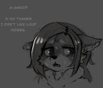  anthro bodily_fluids canid canine canis cute_fangs dialogue digital_drawing_(artwork) digital_media_(artwork) fangs female greyscale hair hi_res inner_ear_fluff looking_aside mammal monochrome nervous open_mouth solo spiral_eyes stuttering sweat teeth tuft unknown_artist wolf 