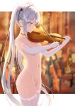  1girl akie_(44265104) bangs blurry blurry_background breasts chair commentary_request cowboy_shot elbow_gloves from_side gloves gold_choker highres holding holding_instrument instrument letterboxed long_hair maid_headdress music navel nude original parted_lips playing_instrument revision skindentation small_breasts solo stomach sweat thighhighs thighs twintails violin white_gloves white_hair white_thighhighs yellow_eyes zenra 