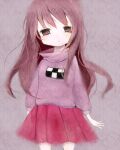  1girl bangs blush brown_hair ka566 long_hair long_sleeves looking_at_viewer madotsuki pink_sweater purple_background red_eyes red_skirt skirt solo standing sweater yume_nikki 