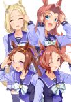  4girls :d ;d ^_^ animal_ears arms_up bangs blonde_hair blue_shirt blue_skirt blush braid brown_hair closed_eyes commentary_request flower-shaped_pupils forehead gloves highres horse_ears horse_girl horse_tail kawakami_princess_(umamusume) long_hair long_sleeves multiple_girls narita_top_road_(umamusume) one_eye_closed parted_bangs pleated_skirt ponytail purple_eyes sakura_bakushin_o_(umamusume) sakura_laurel_(umamusume) school_uniform shirt sidelocks simple_background skirt smile swept_bangs symbol-shaped_pupils tail tracen_school_uniform umamusume v-shaped_eyebrows white_background white_gloves yokintsutyo357 