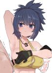  1boy 1girl arm_behind_head armpits bar_censor blue_eyes blue_hair breasts censored closed_mouth collarbone dog_tags gloves hetero highres large_breasts leona_heidern penis penis_to_breast penis_under_another&#039;s_clothes simple_background solo_focus sumiyao_(amam) sweat tank_top the_king_of_fighters the_king_of_fighters_xv white_background yellow_tank_top 