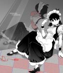  1girl alternate_costume arm_support black_eyes black_footwear black_hair closed_mouth colored_skin enmaided expressionless genderswap genderswap_(mtf) highres looking_at_viewer maid maid_headdress mirror omori omori_(omori) reflection short_hair short_twintails sitting solo twintails white_skin zs_zealsummer 