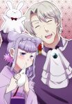  1boy 1girl :d ascot bangs blush braid brooch closed_eyes doctor_traum eating facing_viewer father_and_daughter flower grey_hair hair_flower hair_ornament hand_puppet highres hugtto!_precure japanese_clothes jewelry kimono kisaki_(pixiv3016850) long_hair long_sleeves looking_at_viewer old old_man precure puppet purple_eyes purple_hair purple_kimono rabbit_puppet ruru_amour smile white_ascot wide_sleeves 