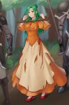  1girl 2others absurdres breasts chain circlet commentary_request dress elincia_ridell_crimea fire_emblem fire_emblem:_path_of_radiance forest full_body green_hair hair_bun hands_up hazuki_(nyorosuke) highres large_breasts long_hair long_sleeves multiple_others nature orange_dress outdoors pillory red_footwear shoes torn_clothes torn_dress wide_sleeves yellow_eyes 
