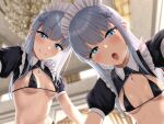  2girls aoi_tiduru bangs black_bra blue_eyes blurry blurry_background blush bra breasts grey_hair hair_ornament indoors long_hair looking_at_viewer maid multiple_girls open_mouth original saliva saliva_trail sidelocks small_breasts smile tongue tongue_out underwear 