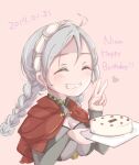  1girl ahoge airisuotog bangs birthday_cake braid breasts cake capelet closed_eyes fire_emblem fire_emblem_fates food hairband happy_birthday highres holding holding_cake holding_food hood hooded_capelet large_breasts low_twin_braids nina_(fire_emblem) parted_bangs red_capelet red_hood solo twin_braids v white_hairband 