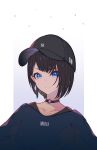  1girl bangs barcode baseball_cap black_headwear blue_eyes blue_shirt bob_cut casual choker collarbone crystal_earrings earrings english_text hat highres jewelry shirt short_hair simple_background solo undershirt yoo_(tabi_no_shiori) 