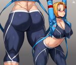  1girl ass ass_focus blonde_hair blue_eyes breasts cameltoe cammy_white covered_nipples dimples_of_venus from_behind highres jacket jmg large_breasts leaning leaning_forward looking_at_viewer mixed-language_commentary open_mouth pants short_hair solo spandex street_fighter street_fighter_6 