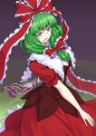  1girl \||/ bangs blunt_bangs bow brown_dress dress frills from_above front_ponytail green_eyes green_hair hair_ribbon half-closed_eyes highres kagiyama_hina kakone long_hair lower_teeth_only open_mouth red_dress ribbon simple_background smile solo teeth touhou upturned_eyes 