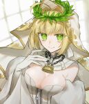 1girl absurdres ageharuuu ahoge bangs bare_shoulders blonde_hair blush breasts chain cleavage detached_collar detached_sleeves elbow_gloves fate/extra fate/extra_ccc fate/grand_order fate_(series) flower_wreath gloves green_eyes hair_between_eyes hair_intakes head_wreath highres large_breasts leotard lock long_hair looking_at_viewer nero_claudius_(bride)_(fate) nero_claudius_(bride)_(second_ascension)_(fate) nero_claudius_(fate) padlock puffy_sleeves smile solo veil white_gloves white_leotard wide_sleeves zipper zipper_pull_tab 