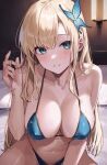  1girl bare_arms bare_shoulders bikini blonde_hair blue_bikini blue_eyes boku_wa_tomodachi_ga_sukunai breasts butterfly_hair_ornament cleavage collarbone commentary grin hair_ornament halterneck hand_up highres holding holding_hair kashiwazaki_sena large_breasts long_hair looking_at_viewer navel skindentation smile solo sooon stomach string_bikini swimsuit 