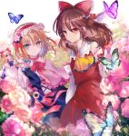  2girls alice_margatroid animal ascot bangs bare_shoulders blonde_hair blue_dress blue_eyes bow brown_hair bug butterfly capelet commission detached_sleeves dress flower hair_bow hair_tubes hairband hakurei_reimu japanese_clothes kazu_(muchuukai) lolita_hairband long_hair multiple_girls nontraditional_miko pink_flower red_bow red_eyes red_hairband shanghai_doll short_hair sidelocks skeb_commission touhou white_capelet white_sleeves wide_sleeves yellow_ascot 