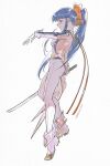  1girl artist_name bangs blue_hair blunt_bangs boots bow copyright_request full_body grey_shirt hair_bow highres holding holding_sword holding_weapon katana long_hair long_sleeves pants ponytail profile red_bow shirt simple_background solo standing sword ueno_zousui very_long_hair weapon white_background white_footwear white_pants 