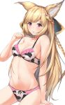  1girl :o animal_ears animal_print blonde_hair bra braid cow_print erune granblue_fantasy hair_ribbon highres hisei panties purple_eyes ribbon underwear yuisis_(granblue_fantasy) 