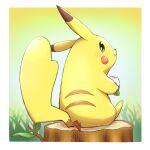  :t absurdres blush border closed_mouth commentary_request eating highres holding no_humans pikachu pokemon pokemon_(creature) sitting solo tkc_(user_snjd8547) tree_stump white_border 