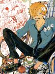  1boy :d apple black_pants blonde_hair blue_eyes blue_shirt chair cup facial_hair flower flower_in_pocket food fruit hair_flower hair_ornament hair_over_one_eye happy_birthday highres makenevemoiine male_focus necktie one_piece pants photo_(object) red_shoes_zeff sanji_(one_piece) shirt short_hair sitting sleeves_rolled_up smile smoking solo teacup vinsmoke_sora watch wristwatch 