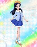  1girl artist_request blue_dress blue_eyes blue_hair casual commentary dress english_commentary eyelashes futari_wa_precure gradient_background hair_ornament hairclip happy highres long_hair looking_at_viewer official_art precure precure_connection_puzzlun shoes smile solo standing third-party_source yukishiro_honoka 