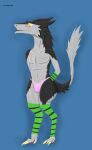  absurd_res anthro arm_warmers armwear big_butt bulge butt clothing feet foxtrot_borkvon foxtrotthesergal fur girly grey_body grey_fur hands_behind_back hi_res legwear male panties sergal simple_background smile solo tail tail_tuft thigh_highs tuft underwear wide_hips yellow_eyes 