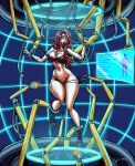  blue_eyes clothing cybernetics cyborg digital_drawing_(artwork) digital_media_(artwork) female glowing glowing_eyes glowing_screen hair held_up human lips long_hair machine mammal metal_arm mostly_nude nipples red_hair red_lips screen signature solo spacefur tube undressing undressing_another 