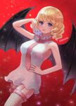  1girl bat_wings blonde_hair blue_eyes cp0_(one_piece) dress fishnet_thighhighs fishnets highres i! looking_at_viewer necktie one_piece pink_necktie red_background short_hair sleeveless stussy_(one_piece) thighhighs vampire walking white_dress wings 