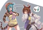  2girls ^^^ agnes_tachyon_(umamusume) ahoge animal_ears aqua_hair bottle brown_hair buttons commentary_request crossover green_eyes grin hand_up highres hood hood_up hoodie horse_ears horse_girl horse_tail kemono_friends labcoat legs_apart long_sleeves looking_at_another medium_hair multiple_girls necktie open_mouth pants red_eyes sleeves_past_fingers sleeves_past_wrists smile snake_tail surprised sweater_vest tail tsuchinoko tsuchinoko_(kemono_friends) umamusume wifi1981321 zipper zipper_pull_tab 