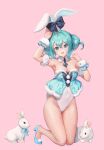  1girl animal_ears aqua_eyes arm_up bare_shoulders bicute_bunnies_miku blue_footwear blue_ribbon breasts cleavage covered_navel detached_collar double_bun fishnet_pantyhose fishnets fur_collar fur_trim hair_between_eyes hair_bun hand_up hatsune_miku high_heels highleg highleg_leotard highres kneeling leotard light_green_hair looking_at_viewer medium_breasts open_mouth pantyhose pink_background pom_pom_(clothes) rabbit rabbit_ears rabbit_tail ribbon scrunchie shoes short_hair sidelocks simple_background solo strapless strapless_leotard tail teeth tied_ears upper_teeth_only vocaloid white_leotard wrist_cuffs wrist_scrunchie y.i._(lave2217) 