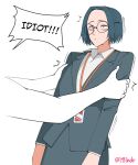  1girl 1other blue_eyes blue_hair blue_jacket blue_skirt collared_shirt english_commentary glasses highres holding_another&#039;s_arm id_card jacket office_lady original round_eyewear shaking shirt skirt speech_bubble sweatdrop white_background white_shirt yblndr 