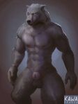  abs animal_genitalia anthro balls blaidd_(elden_ring) canid canine canis claws drakawa elden_ring fromsoftware fully_sheathed fur genitals grey_body grey_fur male mammal muscular muscular_anthro muscular_male nude pecs purple_eyes sheath solo standing wolf 