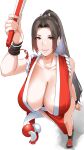  breasts brown_eyes brown_hair cleavage dress fatal_fury hand_fan highres holding holding_fan huge_breasts long_hair looking_at_viewer nypaon pelvic_curtain red_dress shadow shiranui_mai simple_background white_background 