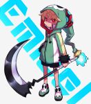  1boy absurdres black_shorts blonde_hair blue_fire bow bowtie character_name disgaea emizel_(disgaea) fire full_body green_footwear green_hoodie highres himawari_(kawaisounaedesu) hood hoodie long_sleeves makai_senki_disgaea_4 male_child male_focus red_bow red_bowtie red_hair shoes shorts 