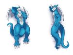  2018 abs alphamoonlight anthro bandai_namco blue_body claws clenched_teeth dakimakura_design digimon digimon_(species) exveemon facial_horn fangs featureless_crotch hand_behind_head hand_on_chest hand_on_hip hi_res horn looking_at_viewer lying male muscular muscular_anthro muscular_male nose_horn nude on_back on_side pose scales scalie smile smiling_at_viewer solo teeth toe_claws wings 