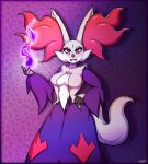  anthro beauty_mark breasts dahlia_(mahoxy) delphox ear_piercing eyeshadow female fire freckles generation_6_pokemon hand_on_hip hi_res inner_ear_fluff looking_at_viewer mahoxy makeup markings mole_(marking) nintendo piercing pokemon pokemon_(species) solo standing teeth tuft 