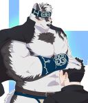  2boys absurdres ainu_clothes animal_ears bara blush furry furry_male furry_with_non-furry grey_fur grey_hair headband headpat height_difference highres horkeu_kamui interspecies jacket jacket_on_shoulders large_pectorals male_focus master_3_(housamo) multiple_boys muscular muscular_male no_shirt pectorals tokyo_afterschool_summoners two-tone_fur wolf_boy wolf_ears yaoi yasuyo_(oaghoerg) yellow_eyes 