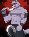  5_fingers abs absurd_res anthro areola black_sclera canid canine canis claws death_(puss_in_boots) dreamworks fingers fur hi_res holding_object holding_weapon luwei_(artist) male mammal muscular muscular_anthro muscular_male nipples open_mouth open_smile pecs puss_in_boots_the_last_wish red_eyes sharp_teeth sickle smile solo tail teeth tongue tongue_out weapon wolf 