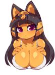  absurd_res animal_crossing ankha_(animal_crossing) anthro big_breasts blue_hair blush blush_lines breasts cleavage clothed clothing domestic felid feline felis female fukurou_ya fur hair hand_on_chest hi_res long_hair looking_at_viewer mammal nintendo purple_eyes simple_background solo white_background white_clothing yellow_body yellow_fur yellow_inner_ear 