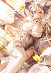  1girl absurdres azur_lane bangs between_breasts blonde_hair breasts cleavage fake_horns feet_out_of_frame habit highres horns huge_breasts implacable_(azur_lane) long_bangs long_hair looking_at_viewer lying nun on_side pelvic_curtain red_eyes revealing_clothes solo thighhighs very_long_hair white_thighhighs xiongshouji 