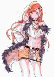  1girl artist_name black_choker breasts choker cleavage coat copyright_request earrings feet_out_of_frame fur_trim highres jewelry long_hair long_sleeves midriff navel orange_eyes orange_hair orange_skirt simple_background skirt solo sparkle ueno_zousui white_background white_coat 