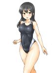  alternate_costume black_hair black_one-piece_swimsuit breasts brown_eyes collarbone competition_swimsuit cowboy_shot hair_ornament hairclip kantai_collection kudou_(ooabareteng) looking_at_viewer medium_breasts medium_hair one-piece_swimsuit open_mouth oyashio_(kancolle) simple_background smile swimsuit white_background 