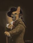  anthro brown_background brown_body brown_fur brown_hair cane canid canine canis claws clothed clothing coat domestic_dog duo fur ganryu german_shepherd gesture hair hat headgear headwear herding_dog hi_res inspired_by_formal_art joseph_ducreux looking_at_viewer male mammal meme pastoral_dog pointing sharp_teeth signature simple_background smile teeth topwear 