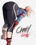  1girl antenna_hair ass ass_focus bangs blonde_hair blue_jacket braid breasts cammy_white cropped_jacket fingerless_gloves gloves highres huge_ass jacket lips nyantcha pants pantyhose short_hair smile solo street_fighter street_fighter_6 stretching thick_thighs thighs top-down_bottom-up union_jack yoga_pants 