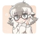  1girl blush closed_mouth fang fang_out glasses grey_eyes grey_hair heart kemono_friends long_sleeves looking_at_viewer meerkat_(kemono_friends) multicolored_hair short_hair smile solo sweater tamurambo upper_body white_hair white_sweater 