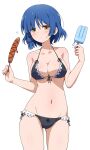  1girl :o absurdres bangs bare_arms bikini black_bikini blue_hair blunt_ends blush bocchi_the_rock! breasts cleavage collarbone commentary_request corn_dog cowboy_shot eggman_(pixiv28975023) food frilled_bikini frills highres holding holding_food long_hair medium_breasts navel open_mouth popsicle short_hair simple_background solo standing swimsuit textless_version white_background yamada_ryou yellow_eyes 